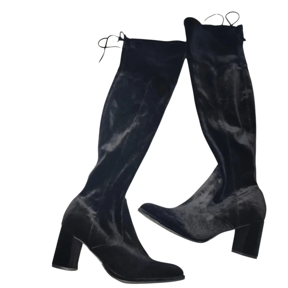 Marc Fisher Black Velvet Over the Knee Boots Block Heel Lace Up Back Size 8.5